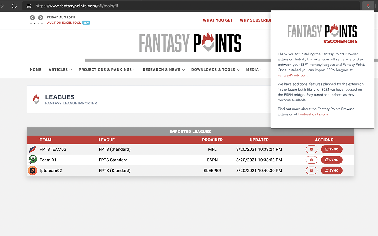 Fantasy Points Browser Extension截图1