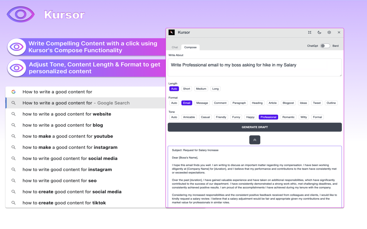 ChatGPT, Bing & Bard For Chrome: Kursor截图4