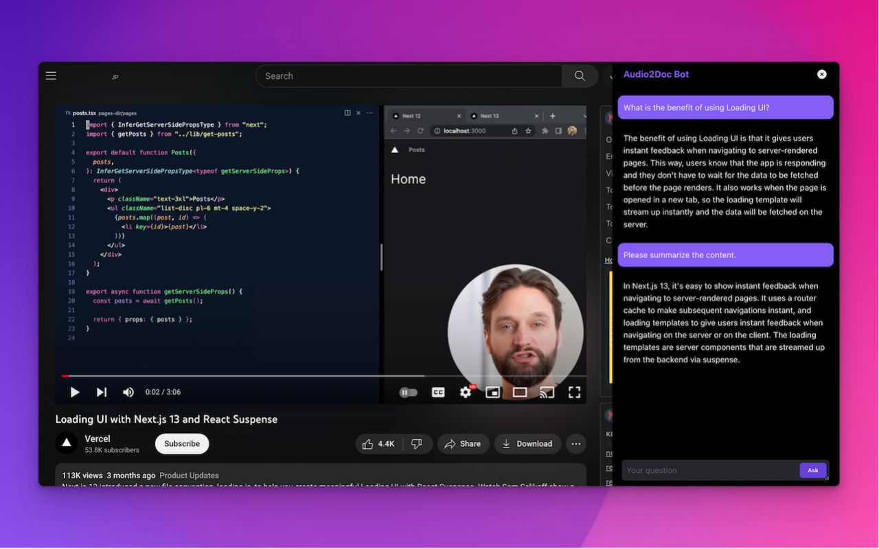 YouTube Chatbot extension by Audio2Doc截图1