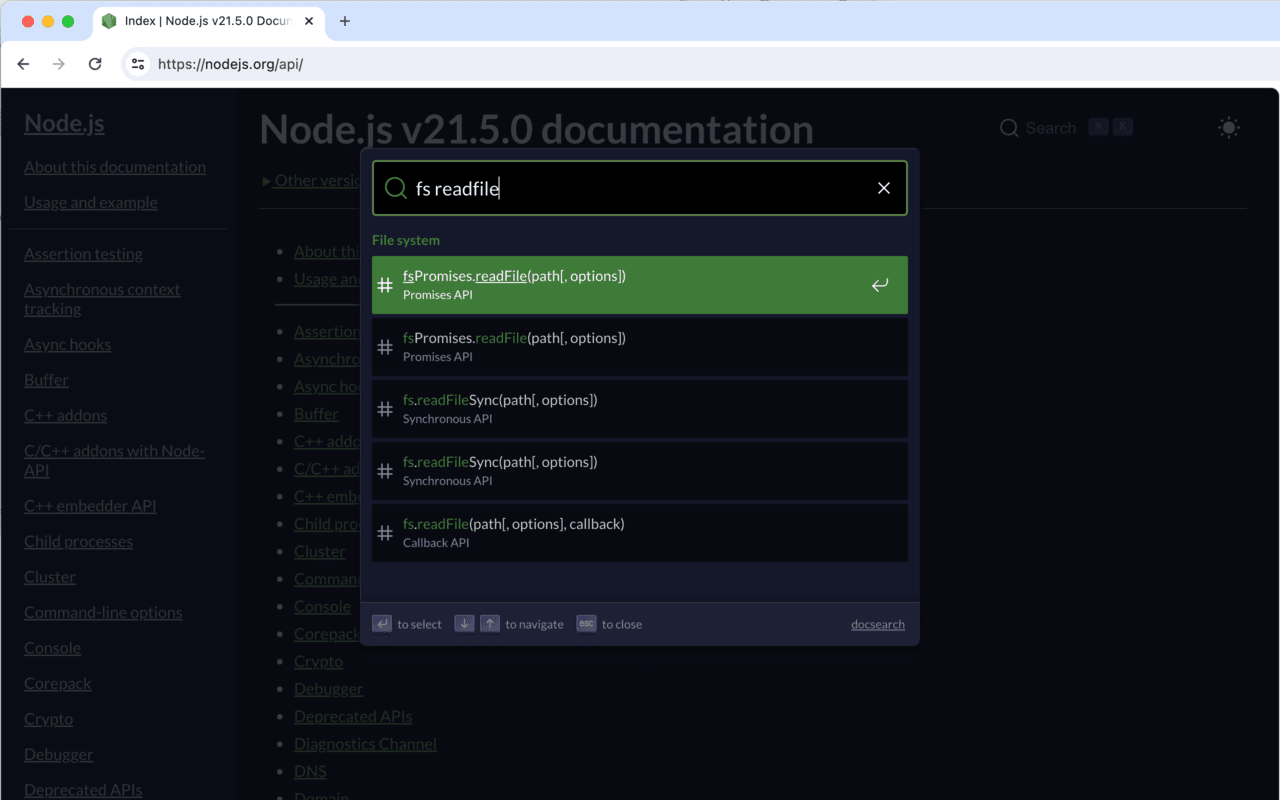 Node.js 文档搜索截图1