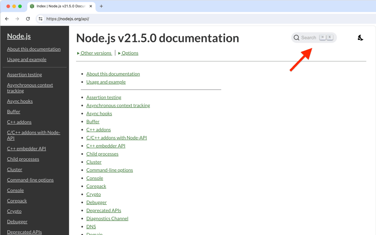 Node.js 文档搜索截图2