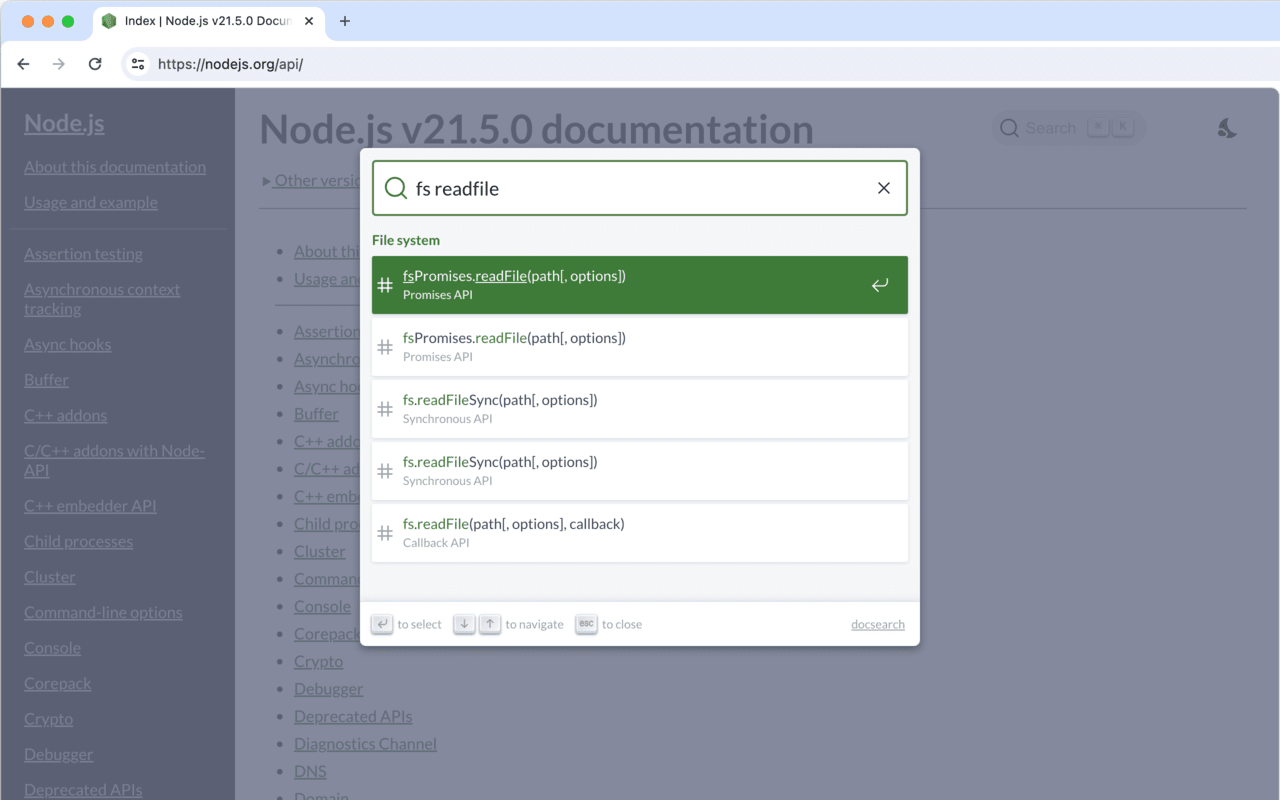 Node.js 文档搜索截图3