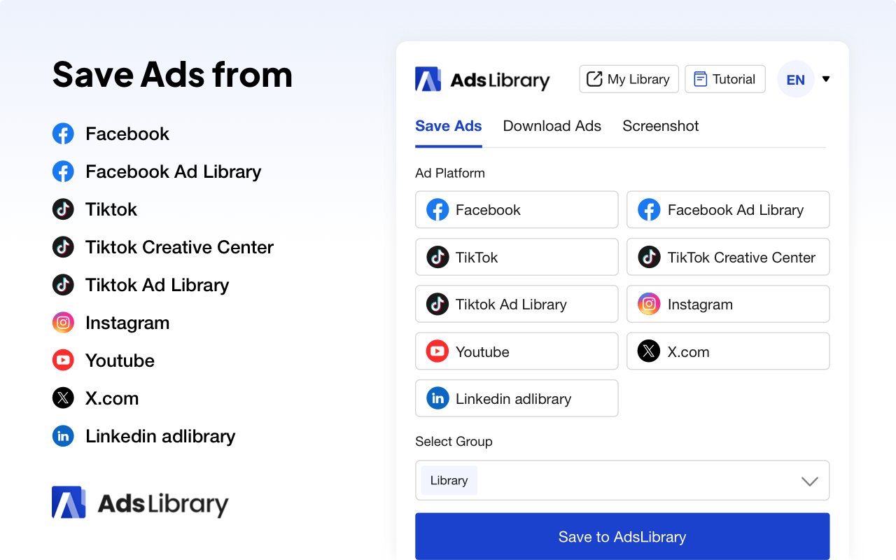 Ad Library：保存Facebook, TikTok, Youtube, Twitter和Ins广告截图2