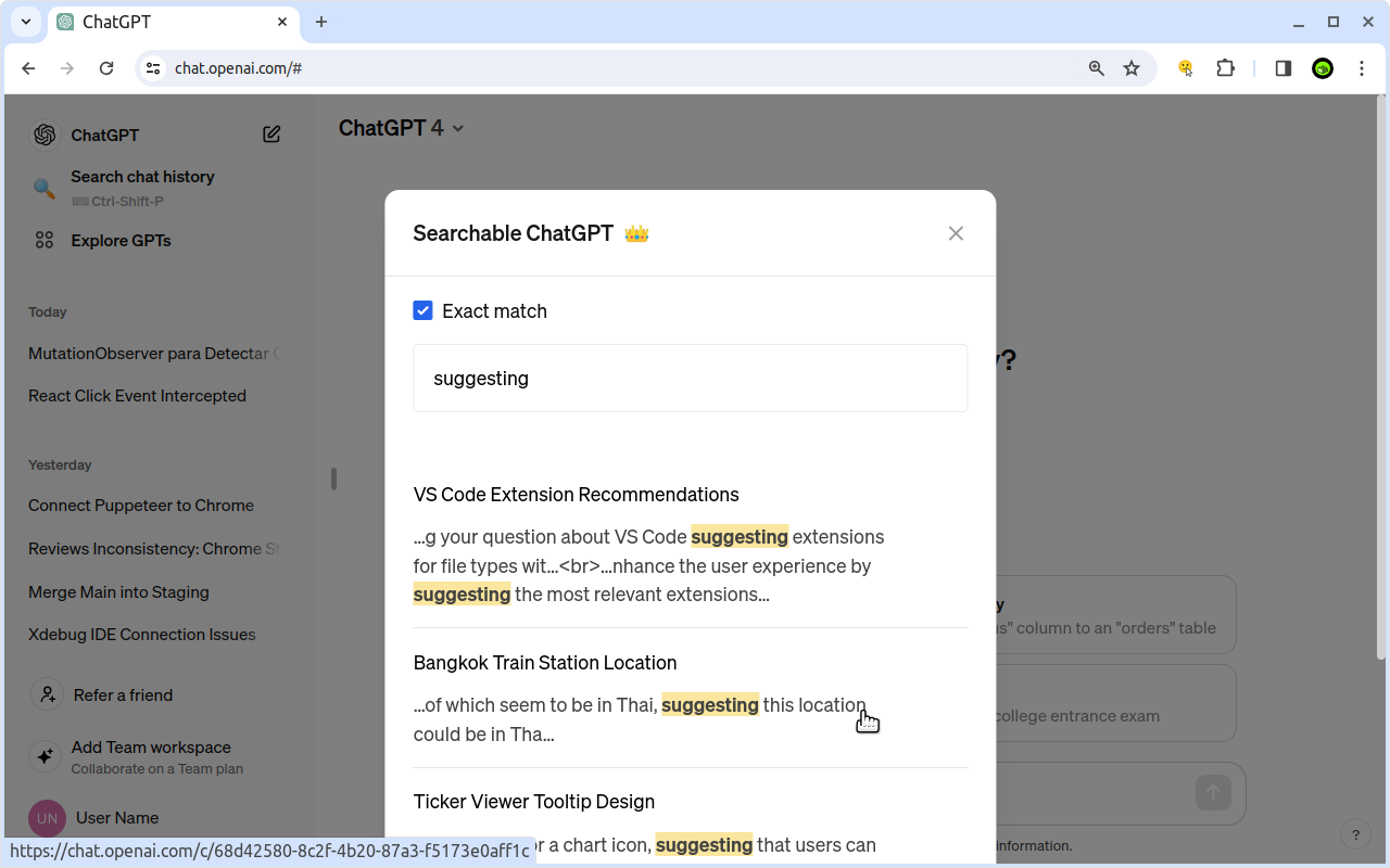 Searchable ChatGPT: 搜索 GPT 对话历史截图2