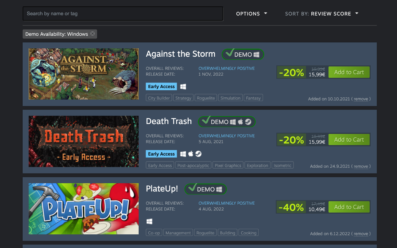 demos in my Steam wishlist截图2