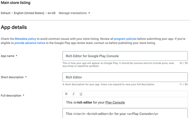 Rich Editor for Google Play Console截图1