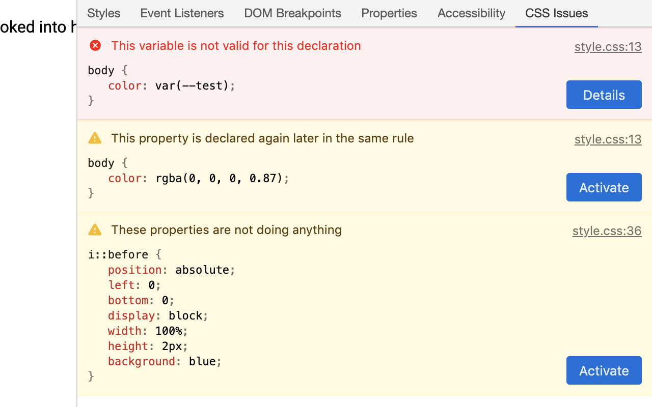 CSS Issues Panel截图1