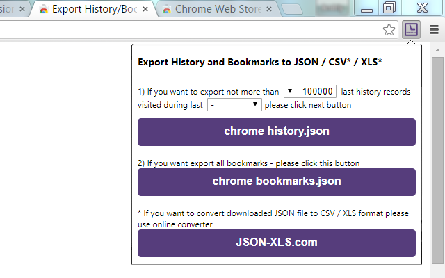 Export History/Bookmarks to JSON/CSV*/XLS*截图1