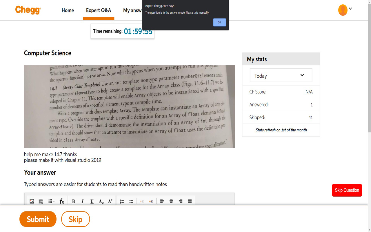 Chegg CourseHero Bartleby Skip Question截图1