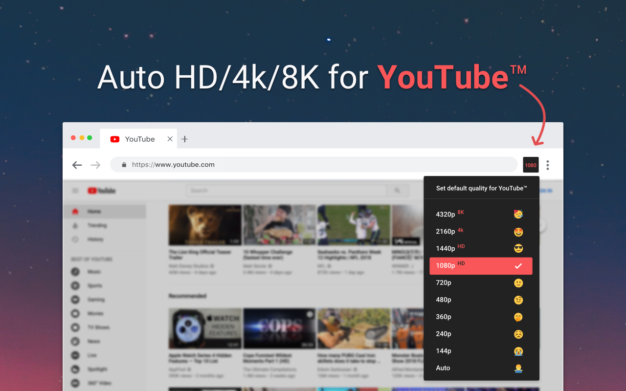为YouTube™视频自动播放HD/4k/8k模式 - YouTube™ Auto HD截图1