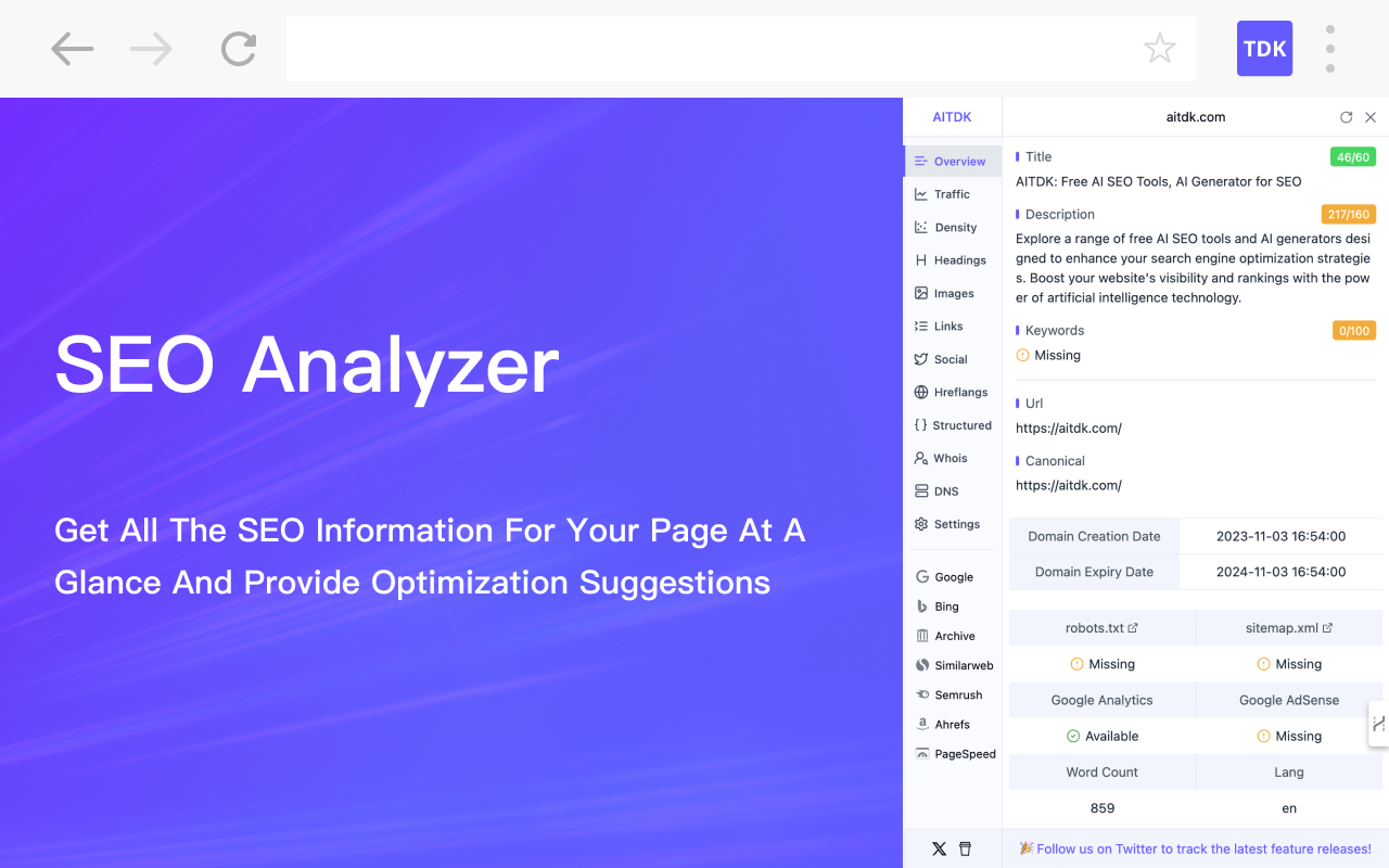 AITDK SEO Extension - 流量/关键词/Whois/SEO分析器截图4