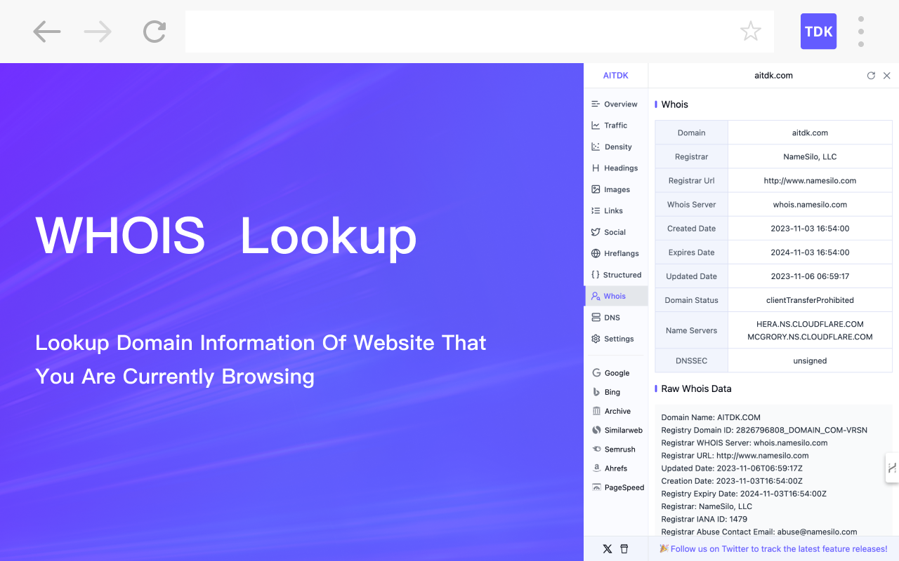 AITDK SEO Extension - 流量/关键词/Whois/SEO分析器截图5