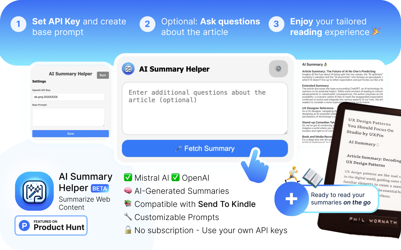 AI Summary Helper - OpenAI, Mistral, Ollama, Kindle Summarize Save Articles截图1