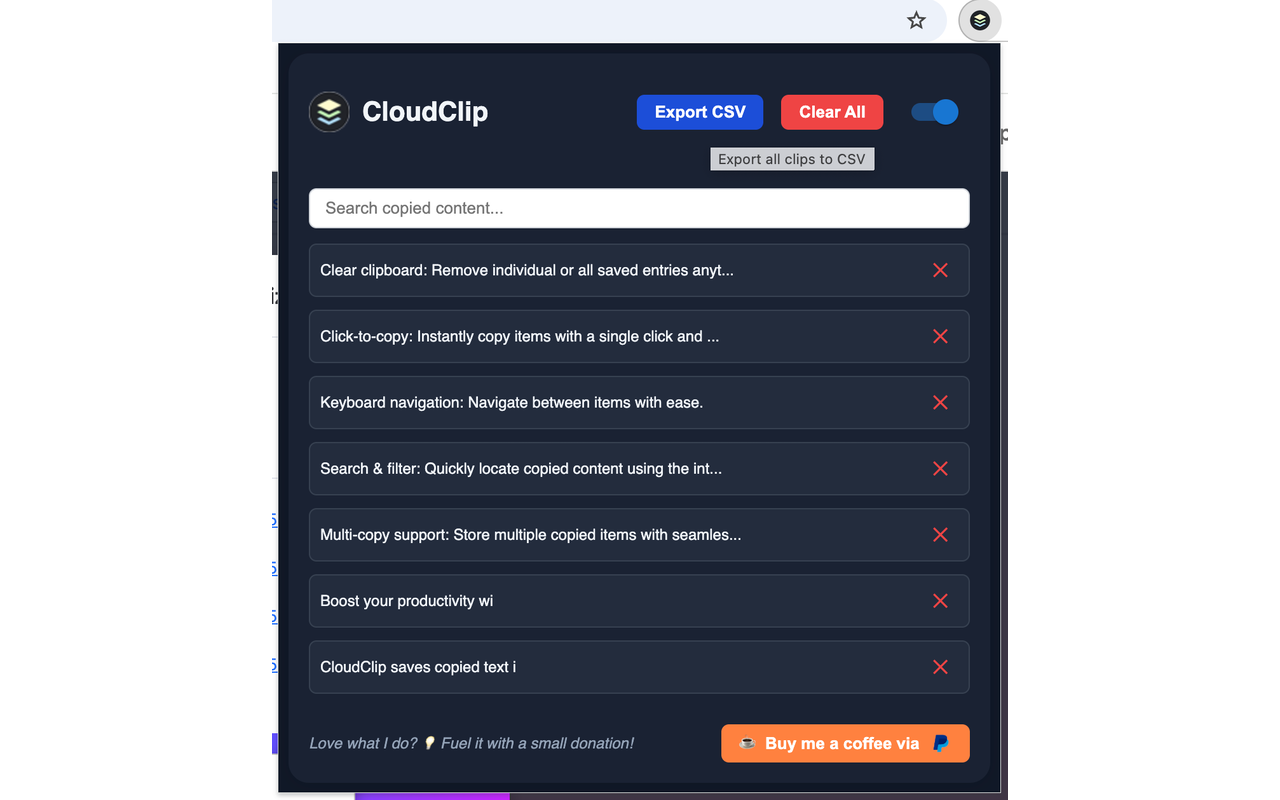 CloudClip – Multicopy Clipboard History Manager with Dark Mode & CSV Export截图1
