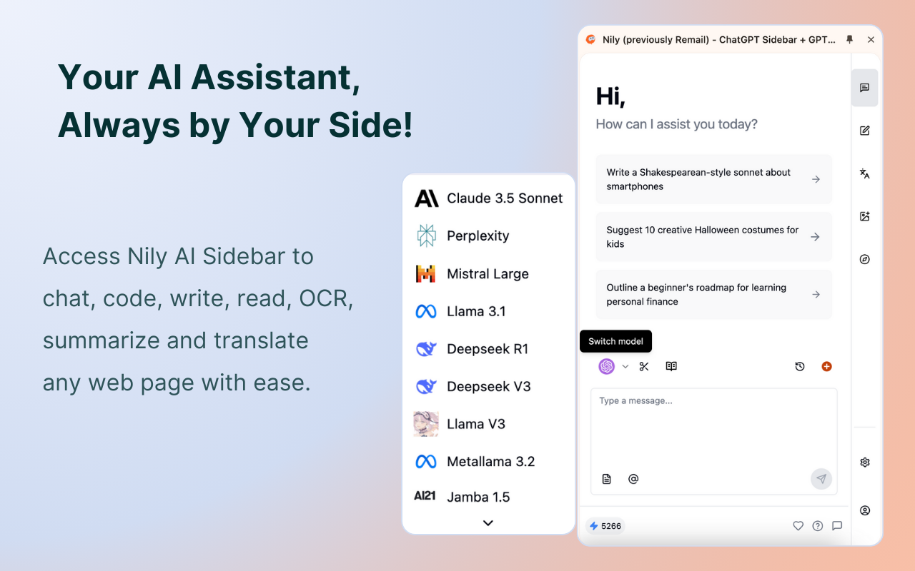 Nily: AI Sidebar with all LLMs (ChatGPT, DeepSeek, Gemini, Claude & more)截图2