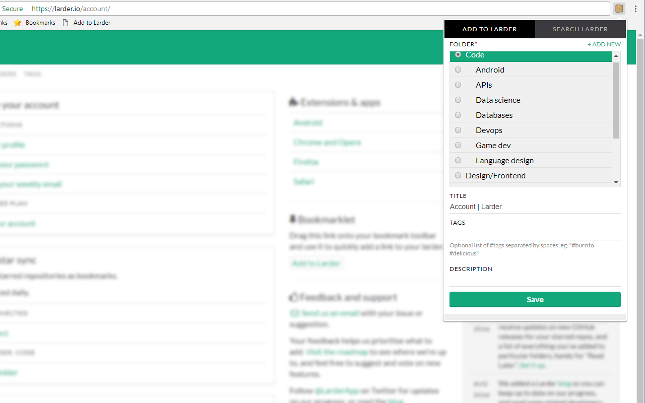 Larder: Bookmarking for developers截图1