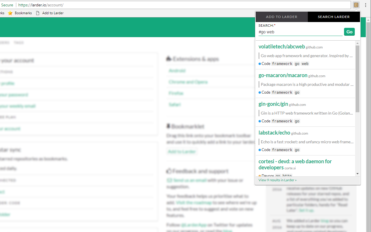 Larder: Bookmarking for developers截图2