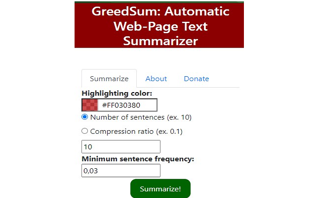 GreedSum: Automatic Web-Page Text Summarizer截图3