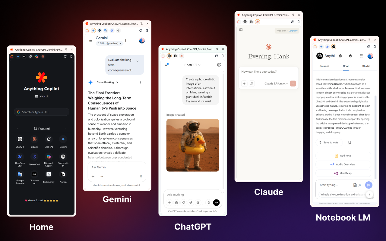 Anything Copilot: ChatGPT,DeepSeek,Gemini,翻译,AI聊天,多标签页侧边栏,分屏,书签截图1