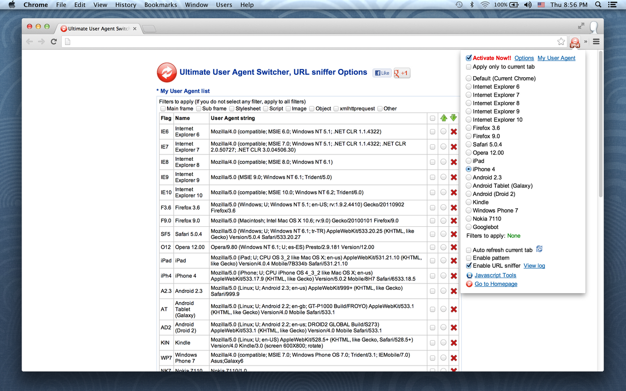 User Agent Switcher, URL sniffer截图1