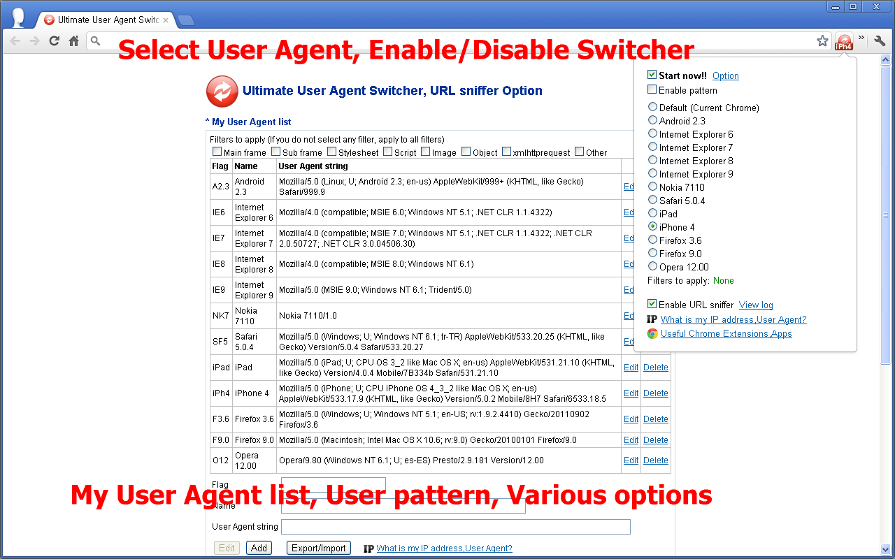 User Agent Switcher, URL sniffer截图2