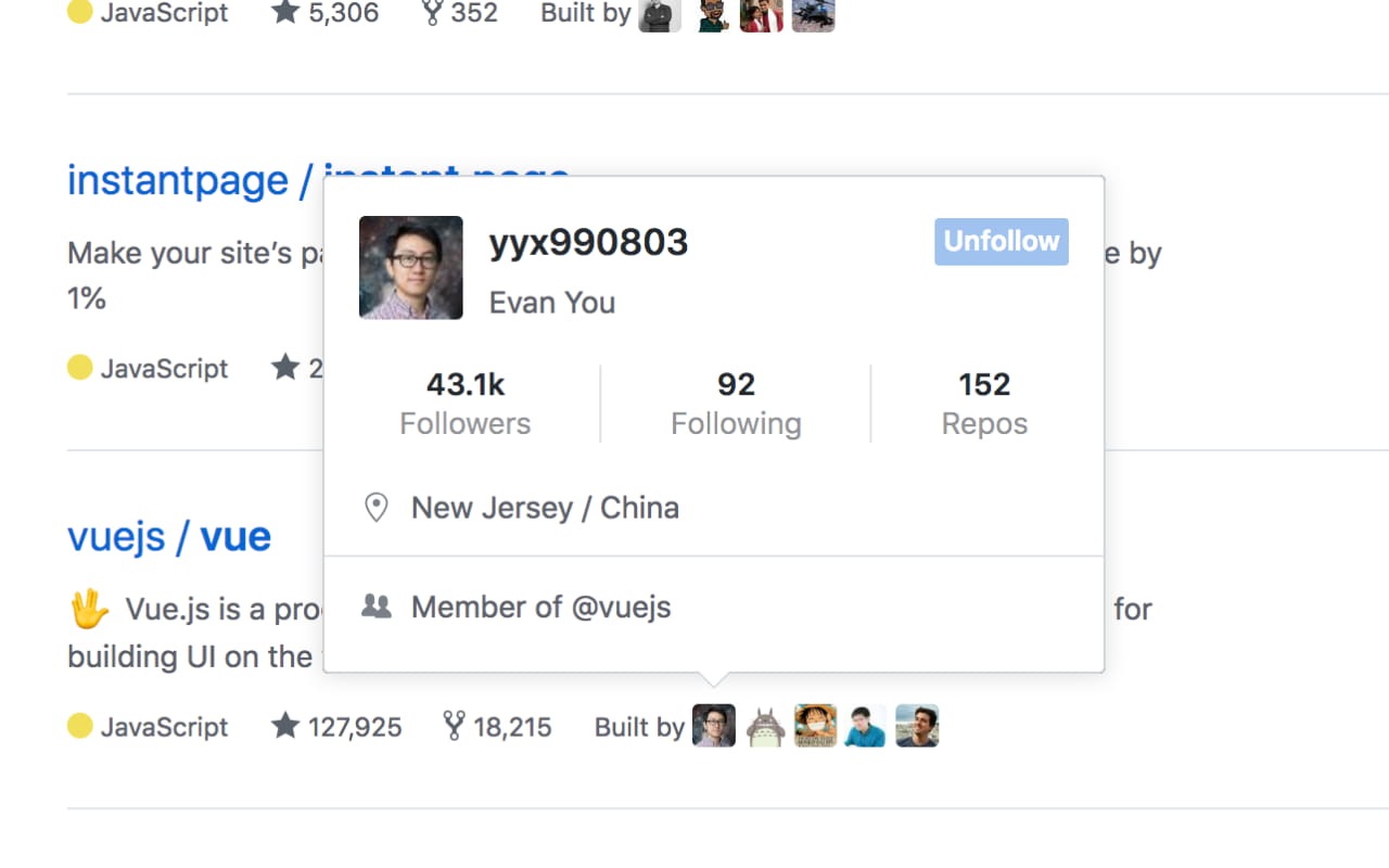 GitHub Hovercard截图2