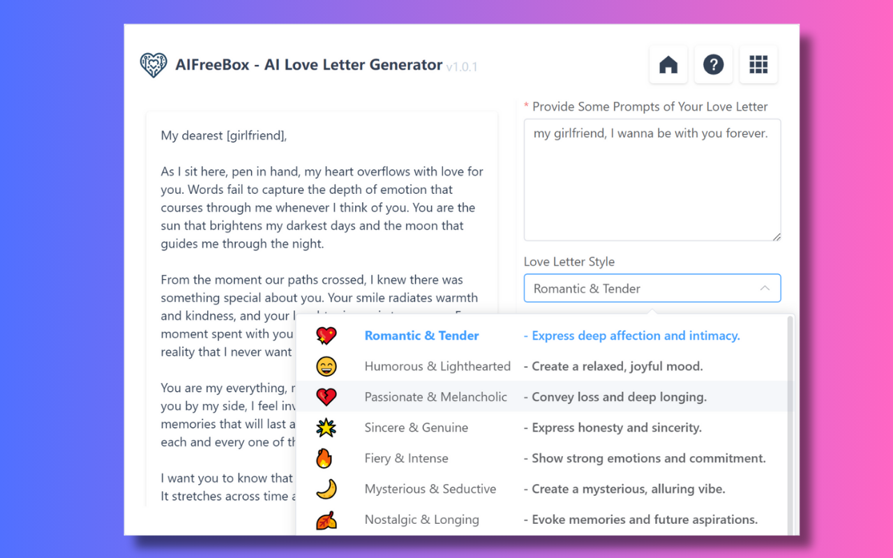 AI情书生成器: AIFreeBox截图1