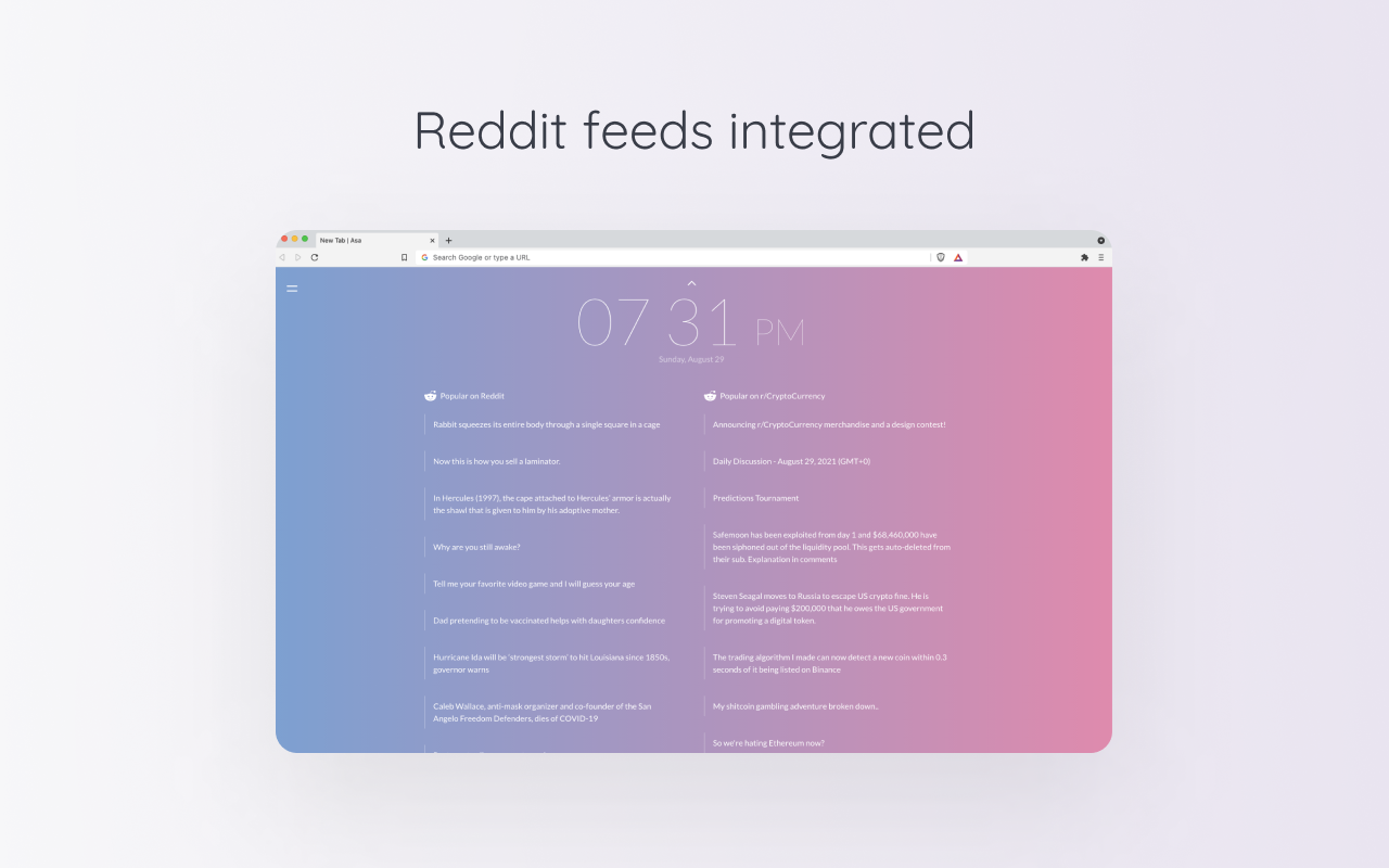 Asa - Minimal New Tab Page with Reddit feeds截图3