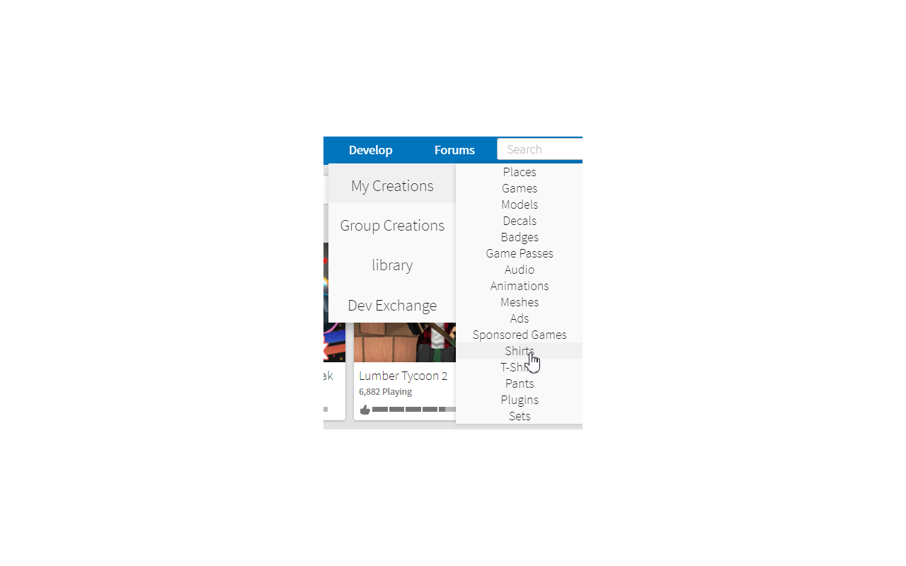 Roblox Catalog and Develop dropdown menu截图1