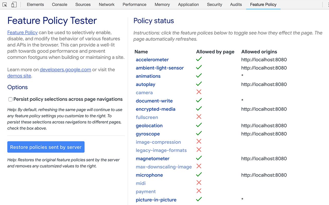 Feature Policy Tester DevTools Extension截图1