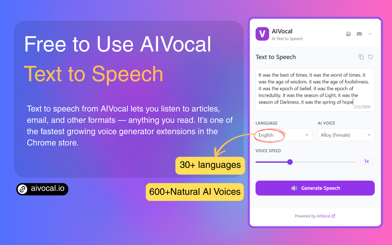文本转语音 (TTS) | AI语音生成器，更真实的语音 – AIVocal截图3